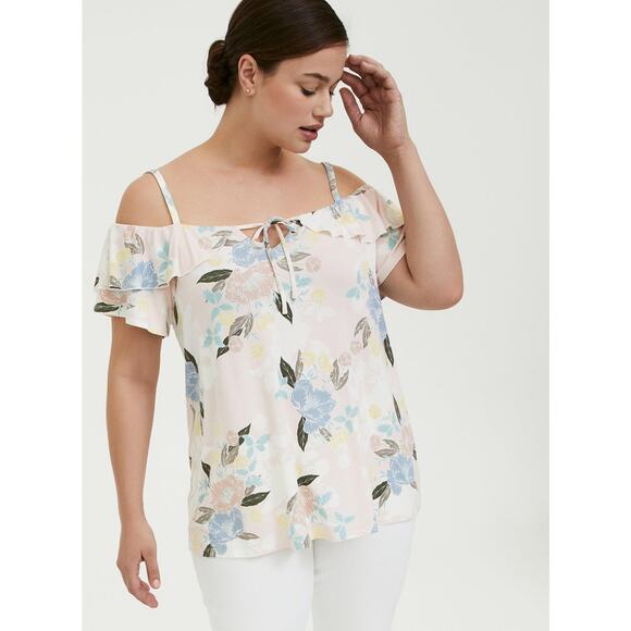 Torrid Top Plus 3X Floral Super Soft Cold Shoulder Ruffle Flutter Sleeve Peach‎ - Picture 1 of 9